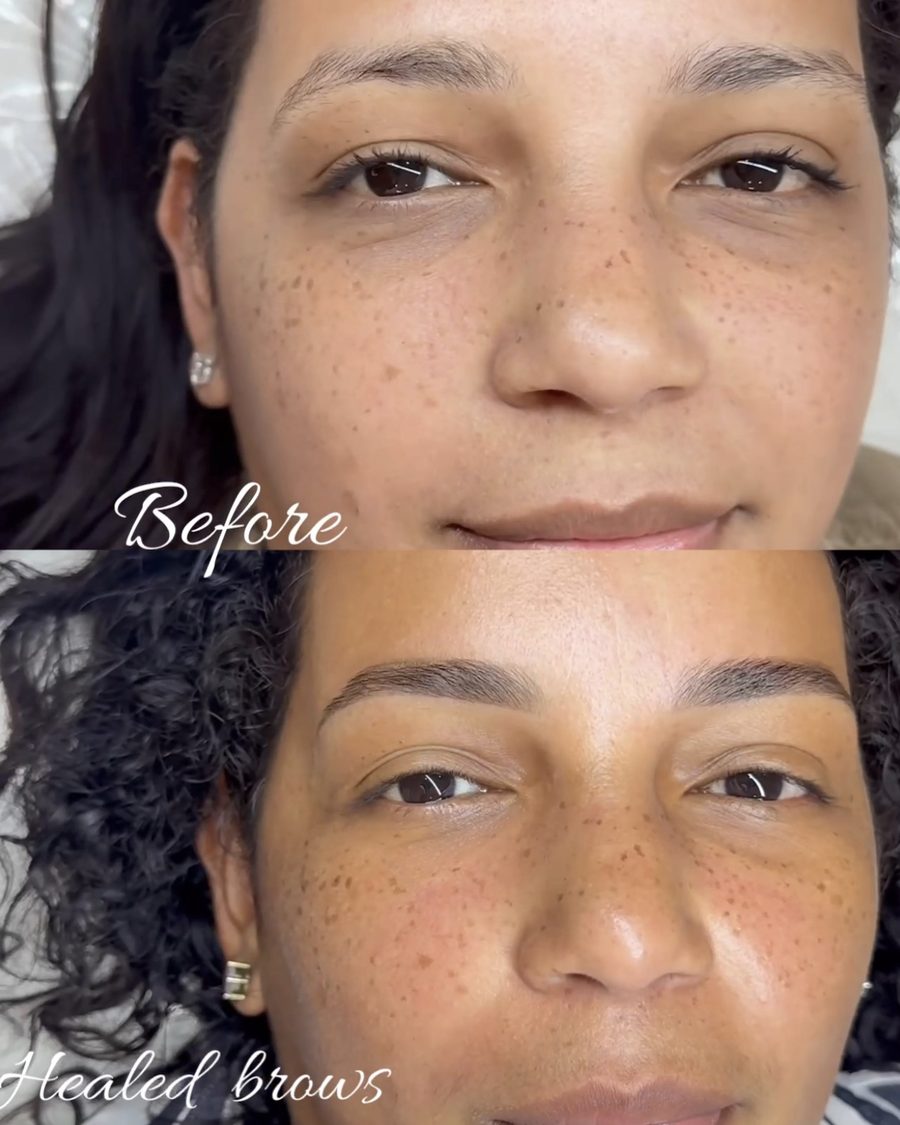 Before and healed brows on a client with curly hair, Beauty by Yiyus, Newark NJ